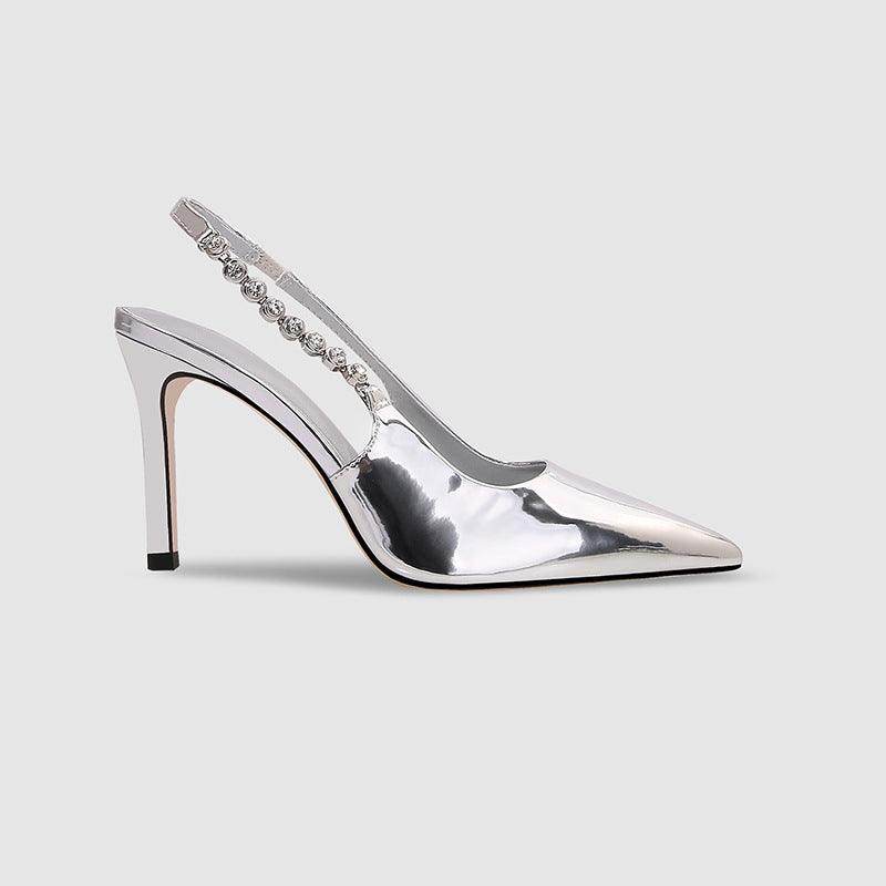 Silver Metallic Slingback Heel Sandals 715572448684 - COCOMELODY
